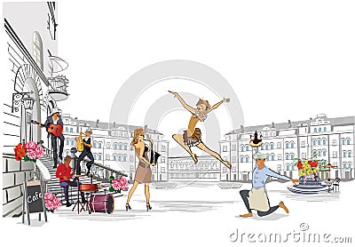 Set of Paris illustrations with fashion girls, cafes and musicians. Vector Illustration